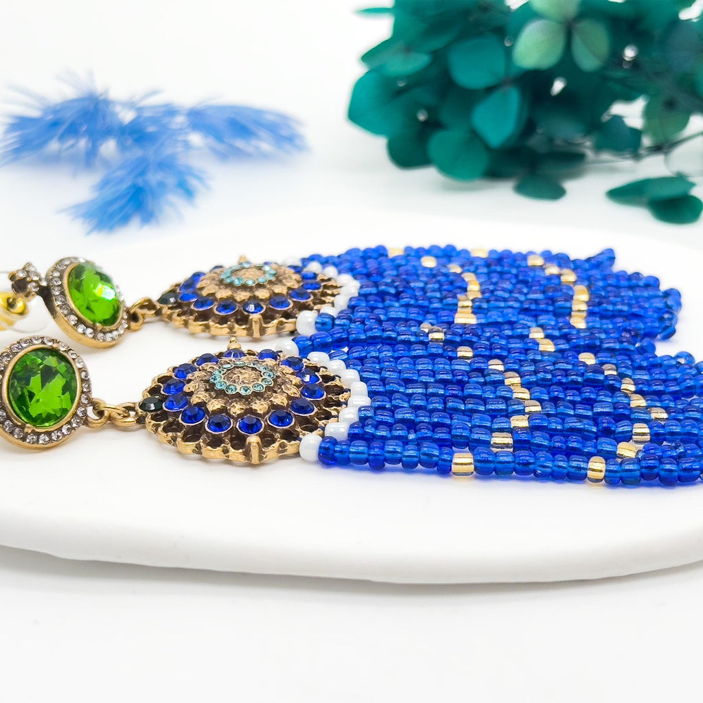 Boho Ethnic Vintage Beaded Tassel Dangle Earrings Klein Blue