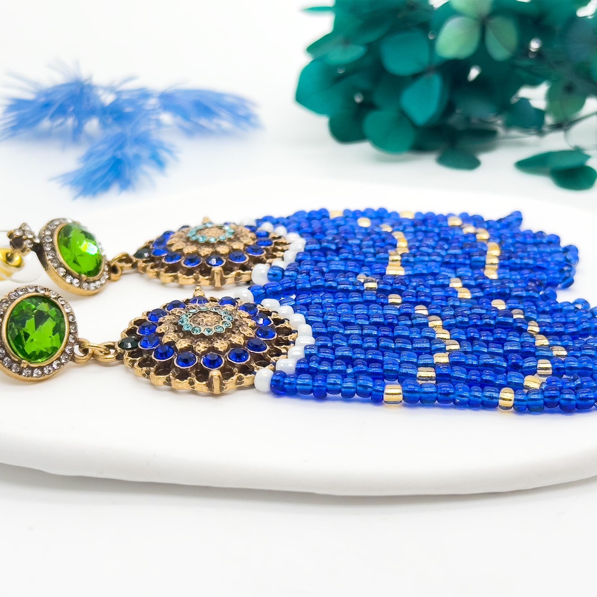 Boho Ethnic Vintage Beaded Tassel Dangle Earrings Klein Blue