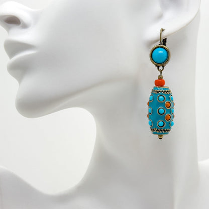 Vintage Ethnic Turquoise Thangka Drop Earrings Copper Enamel Tribal