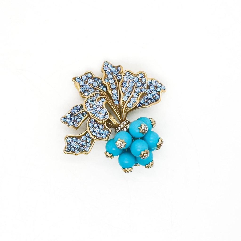 Vintage Art Deco Radish Brooch 3D Leaf Blue Crystal Pin