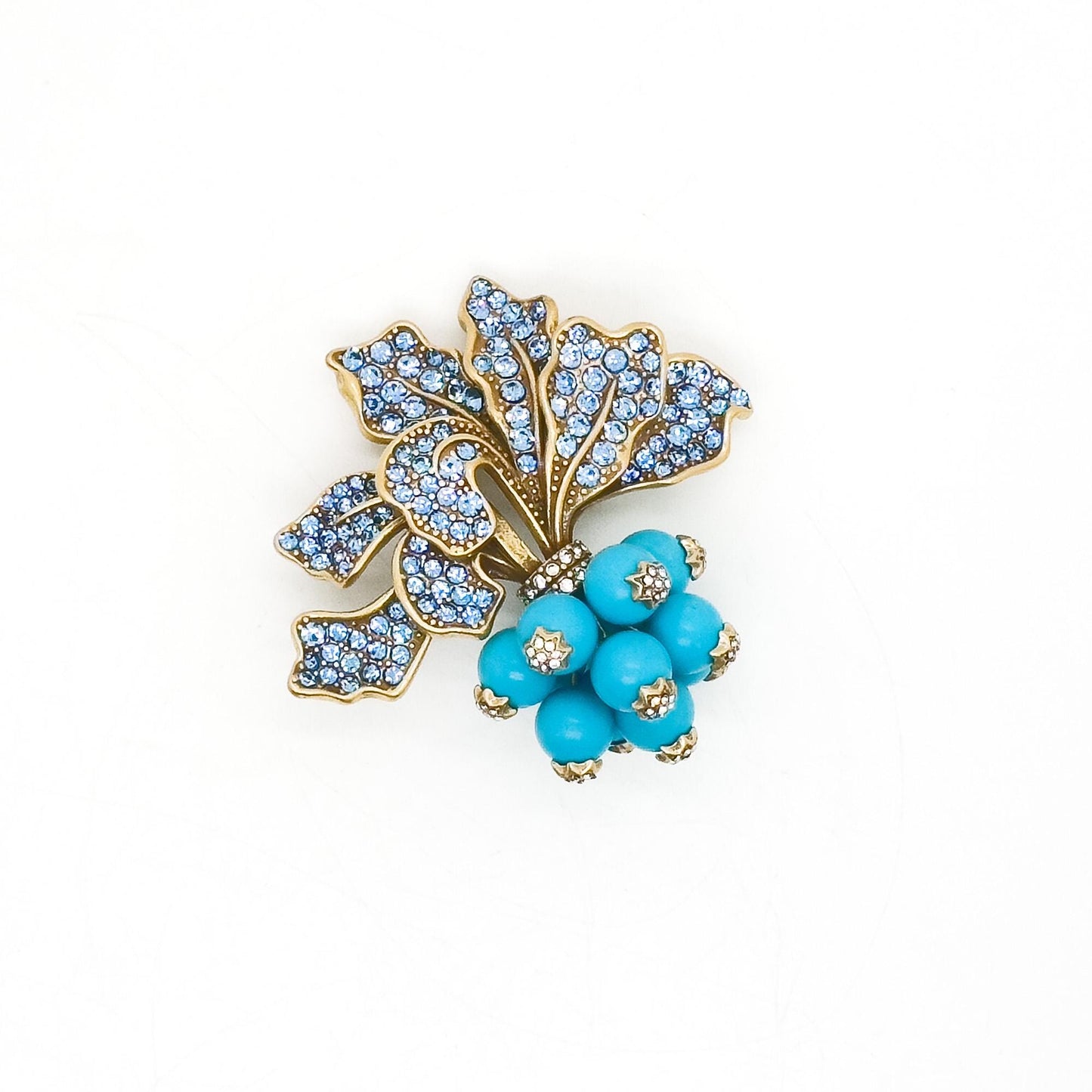 Vintage Art Deco Radish Brooch 3D Leaf Blue Crystal Pin