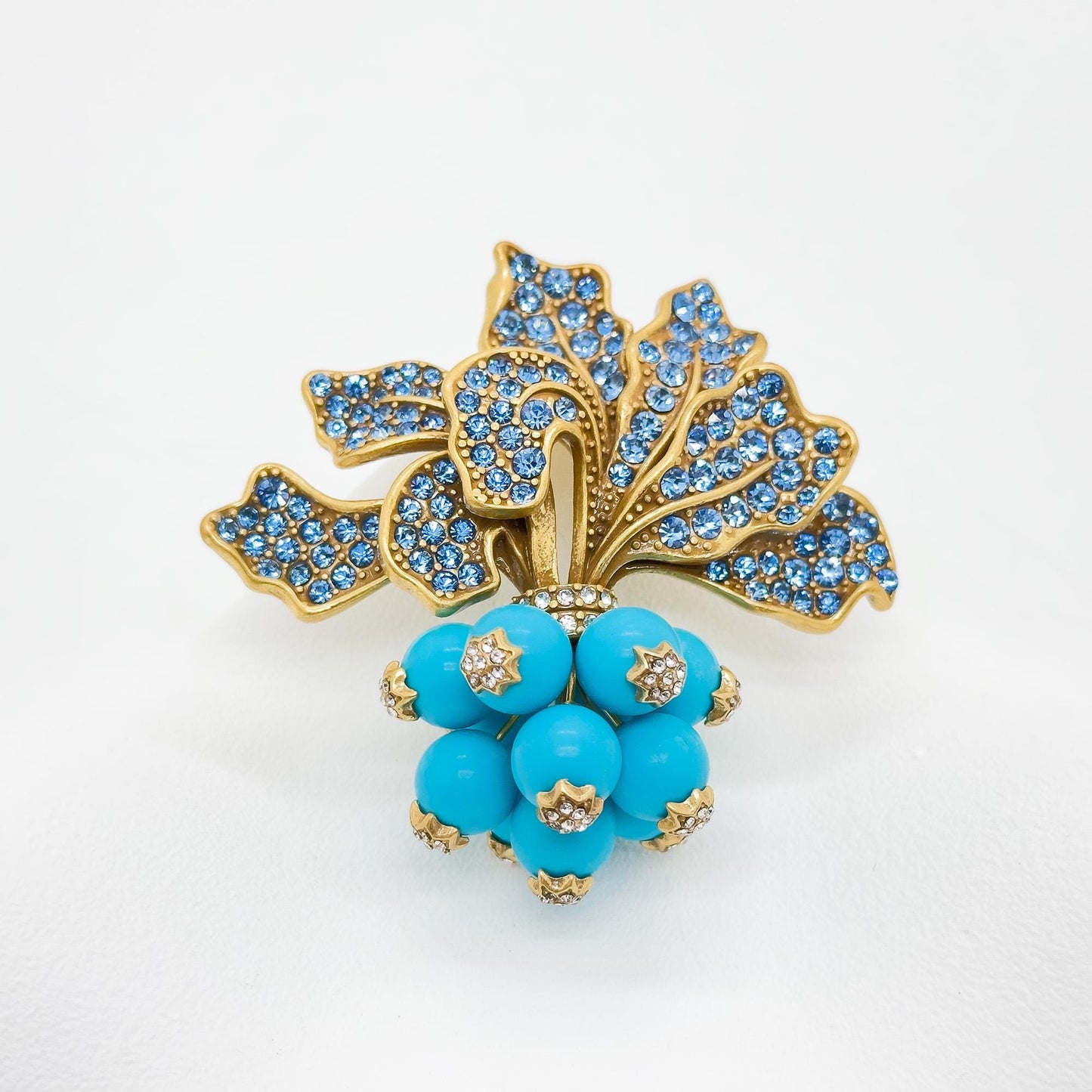 Vintage Art Deco Radish Brooch 3D Leaf Blue Crystal Pin