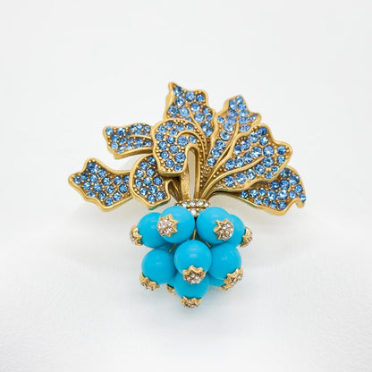 Vintage Art Deco Radish Brooch 3D Leaf Blue Crystal Pin