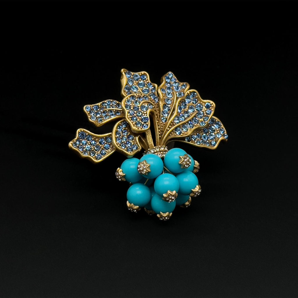 Vintage Art Deco Radish Brooch 3D Leaf Blue Crystal Pin