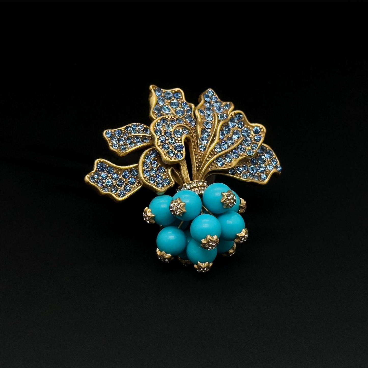 Vintage Art Deco Radish Brooch 3D Leaf Blue Crystal Pin