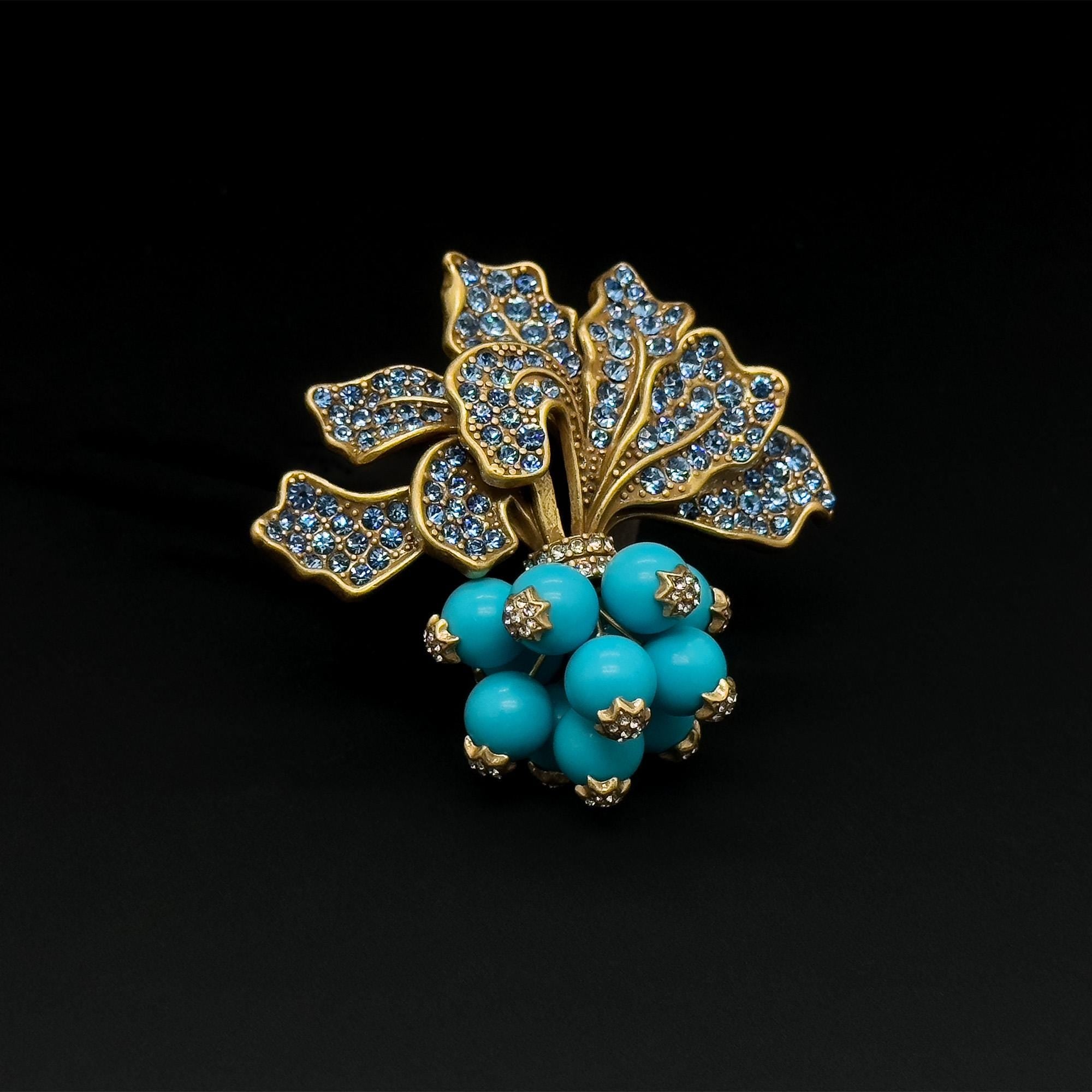 Vintage Art Deco Radish Brooch 3D Leaf Blue Crystal Pin