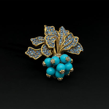 Vintage Art Deco Radish Brooch 3D Leaf Blue Crystal Pin