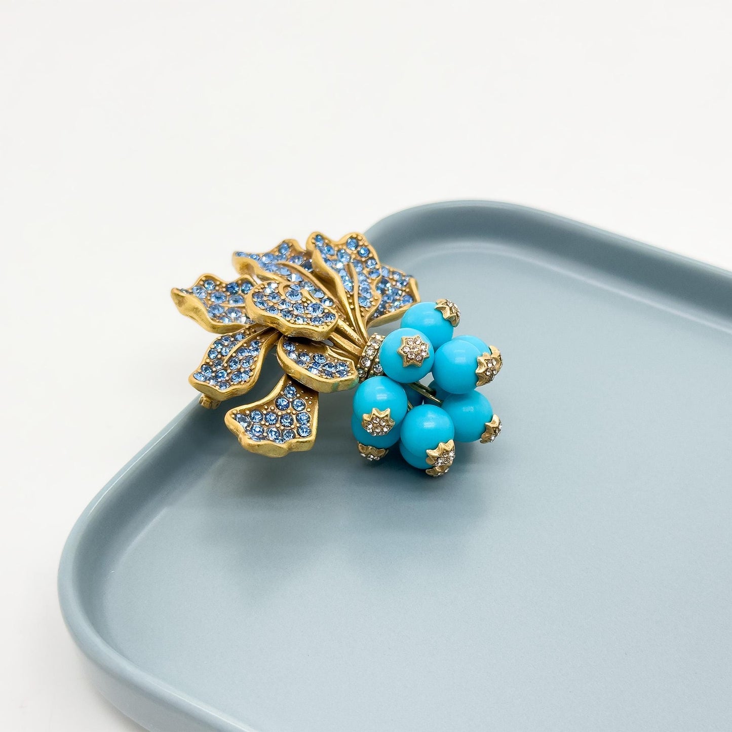 Vintage Art Deco Radish Brooch 3D Leaf Blue Crystal Pin