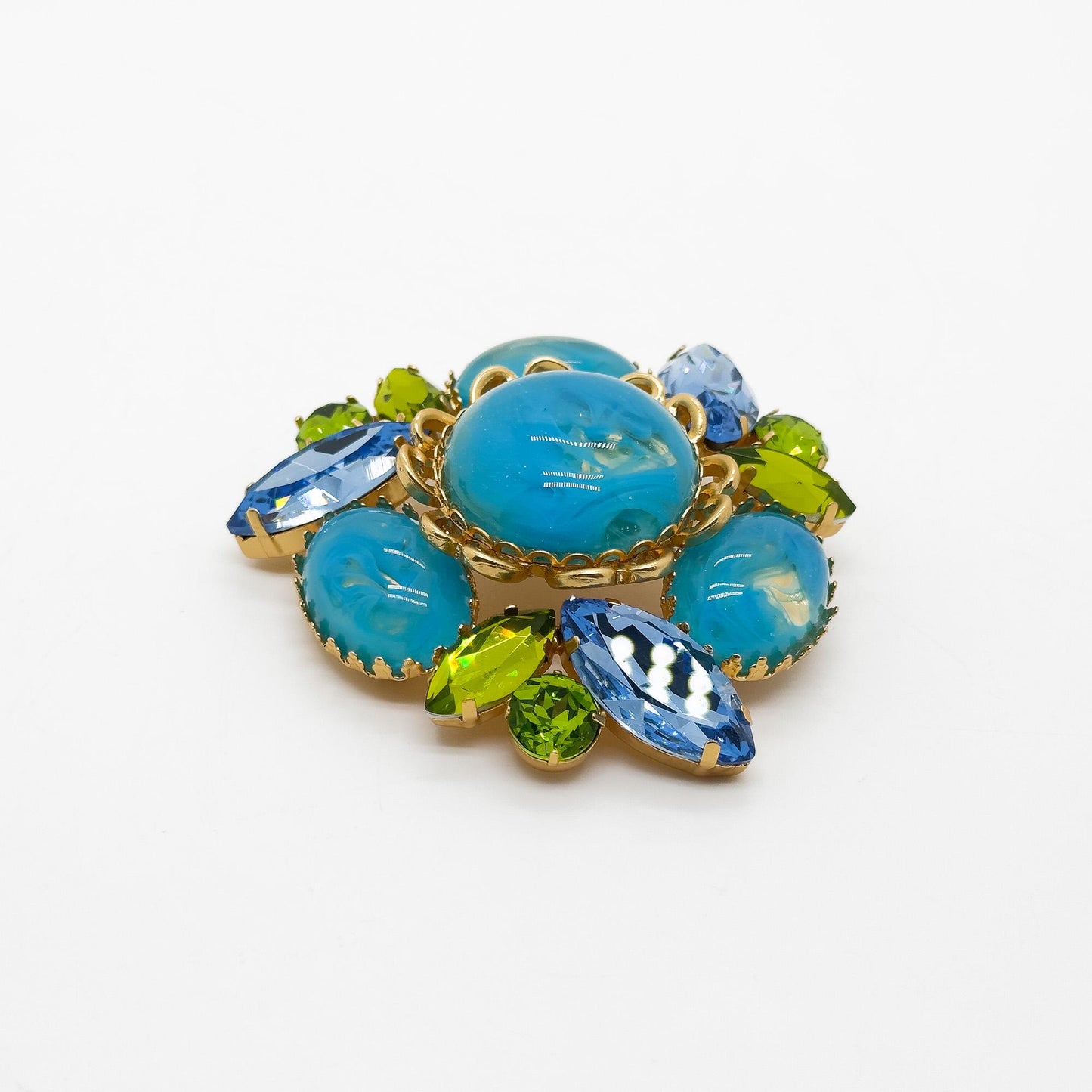 Vintage Art Deco Brooch Blue Enamel Glass Gold-Plated Statement