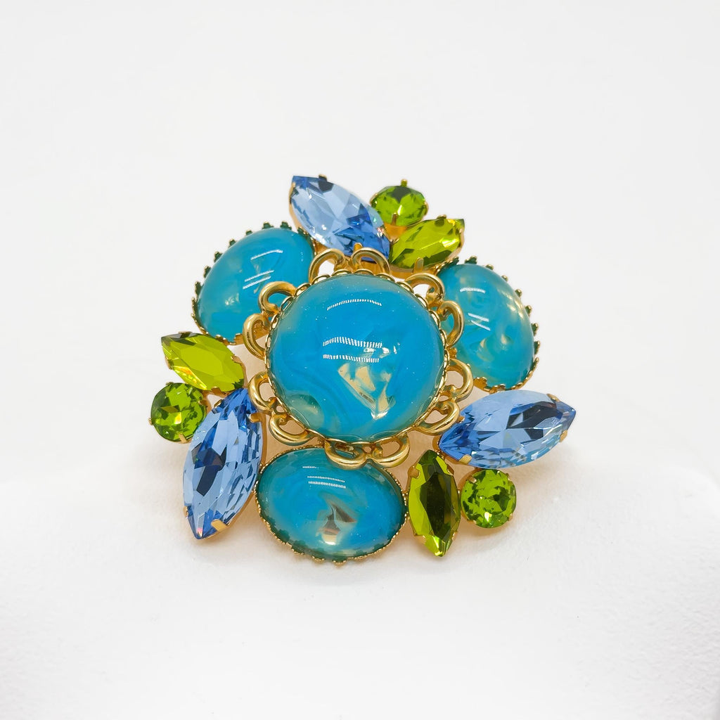 Vintage Art Deco Brooch Blue Enamel Glass Gold-Plated Statement