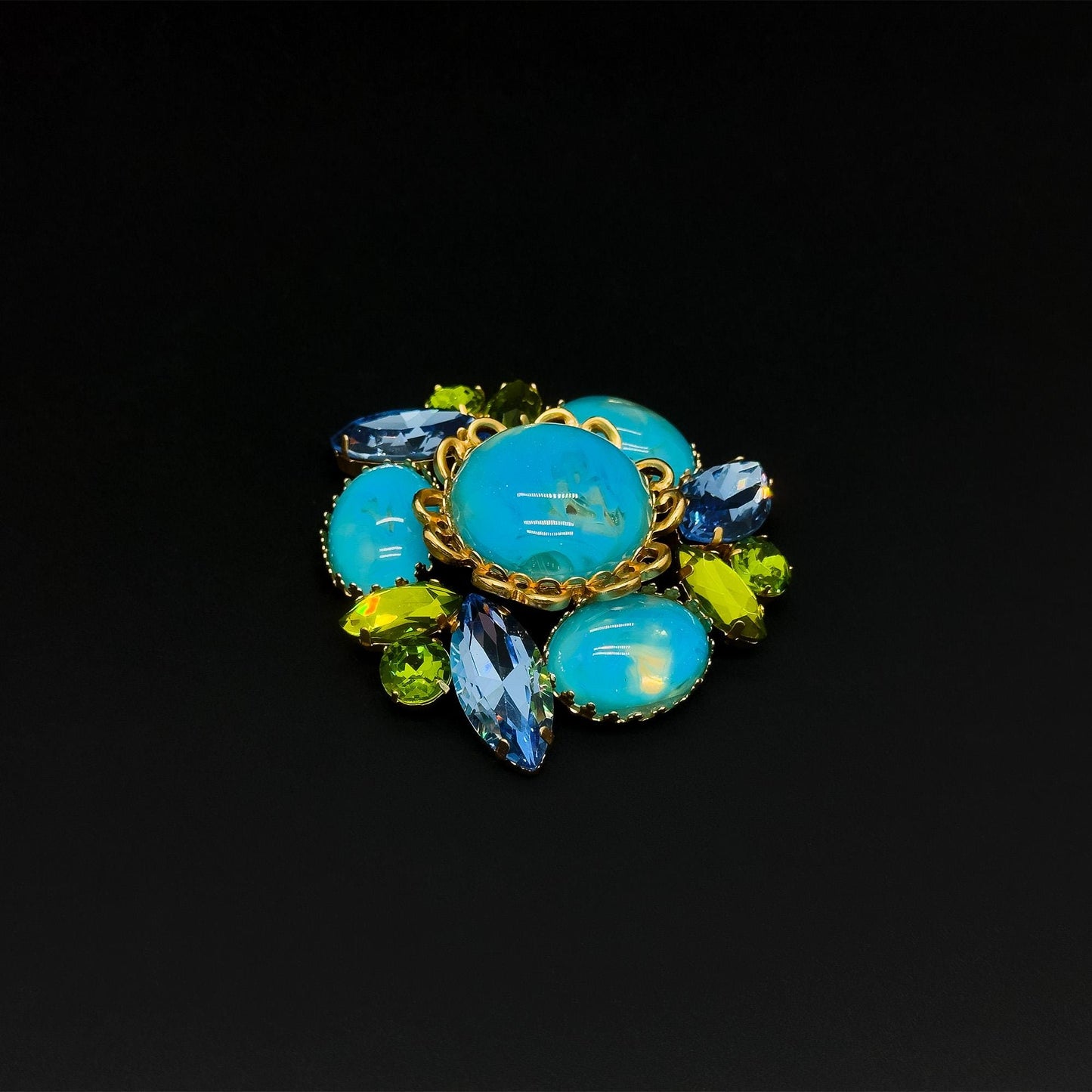 Vintage Art Deco Brooch Blue Enamel Glass Gold-Plated Statement