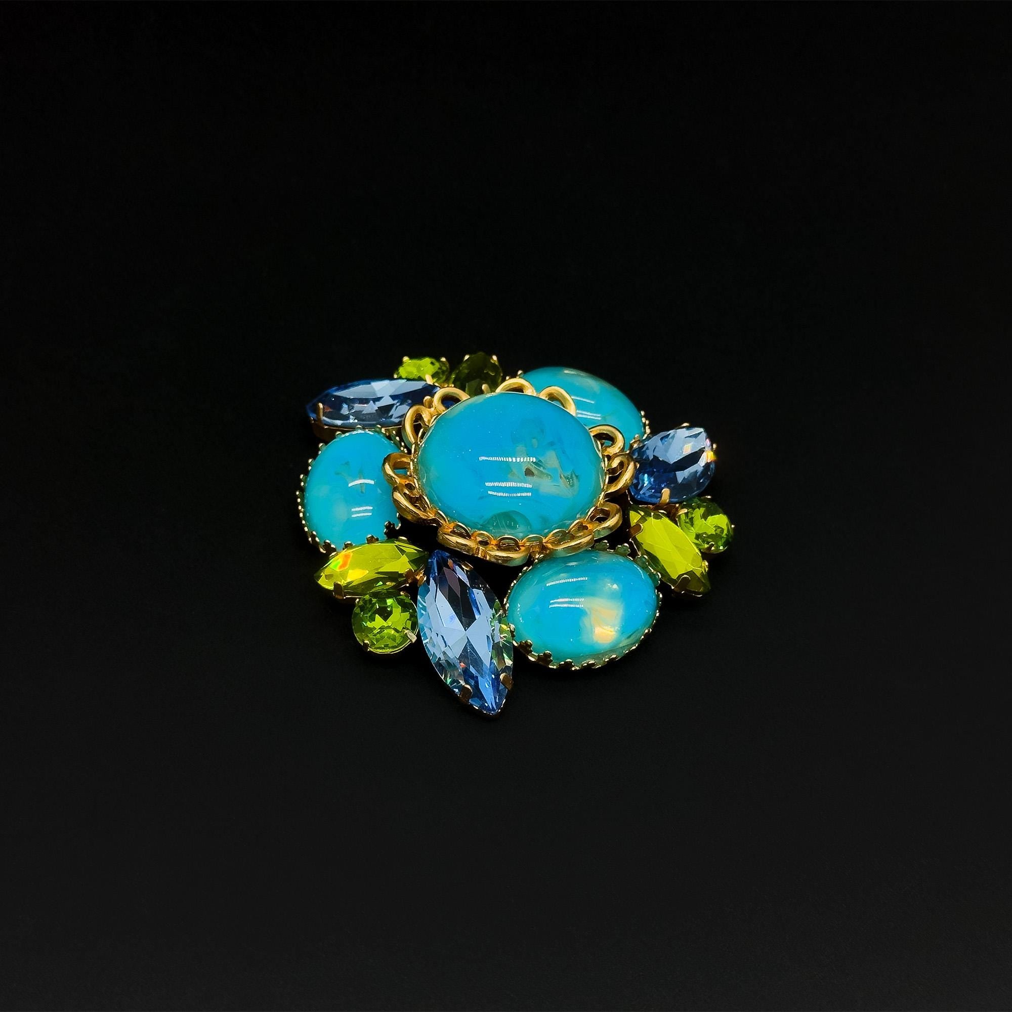 Vintage Art Deco Brooch Blue Enamel Glass Gold-Plated Statement