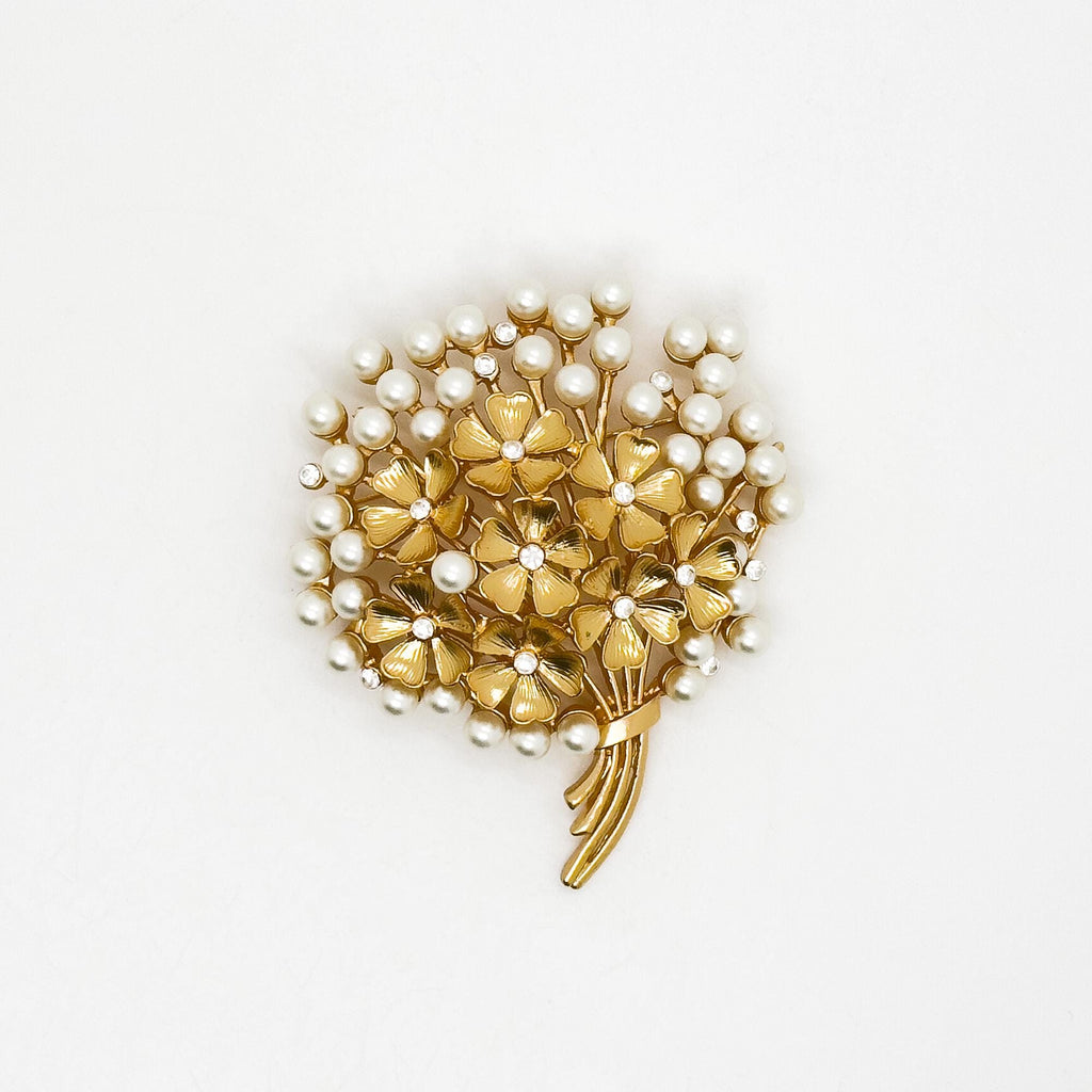 Vintage Art Deco 3D Flower Brooch with Pearls, 18K Gold-Plated