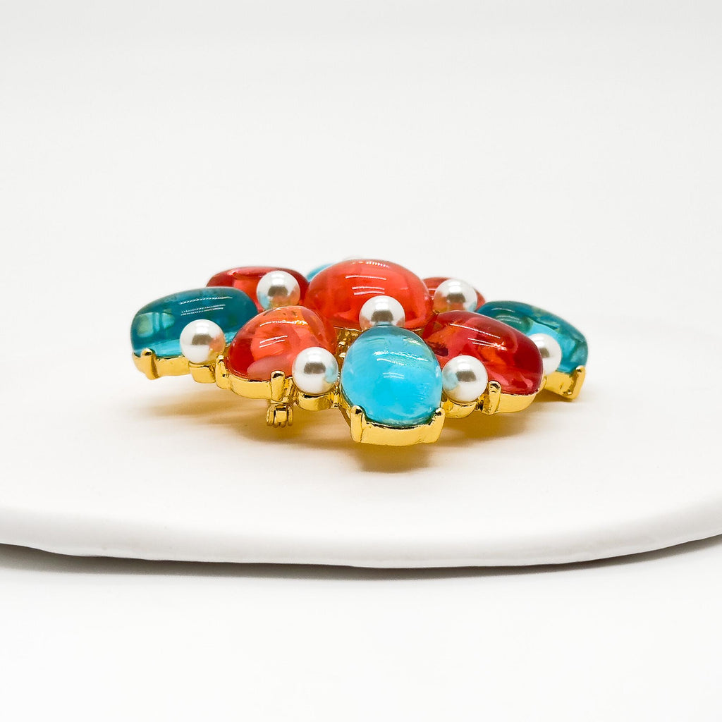 Vintage Art Deco Lapis Lazuli Pearl Gold-Plated Geometric Enamel Brooch