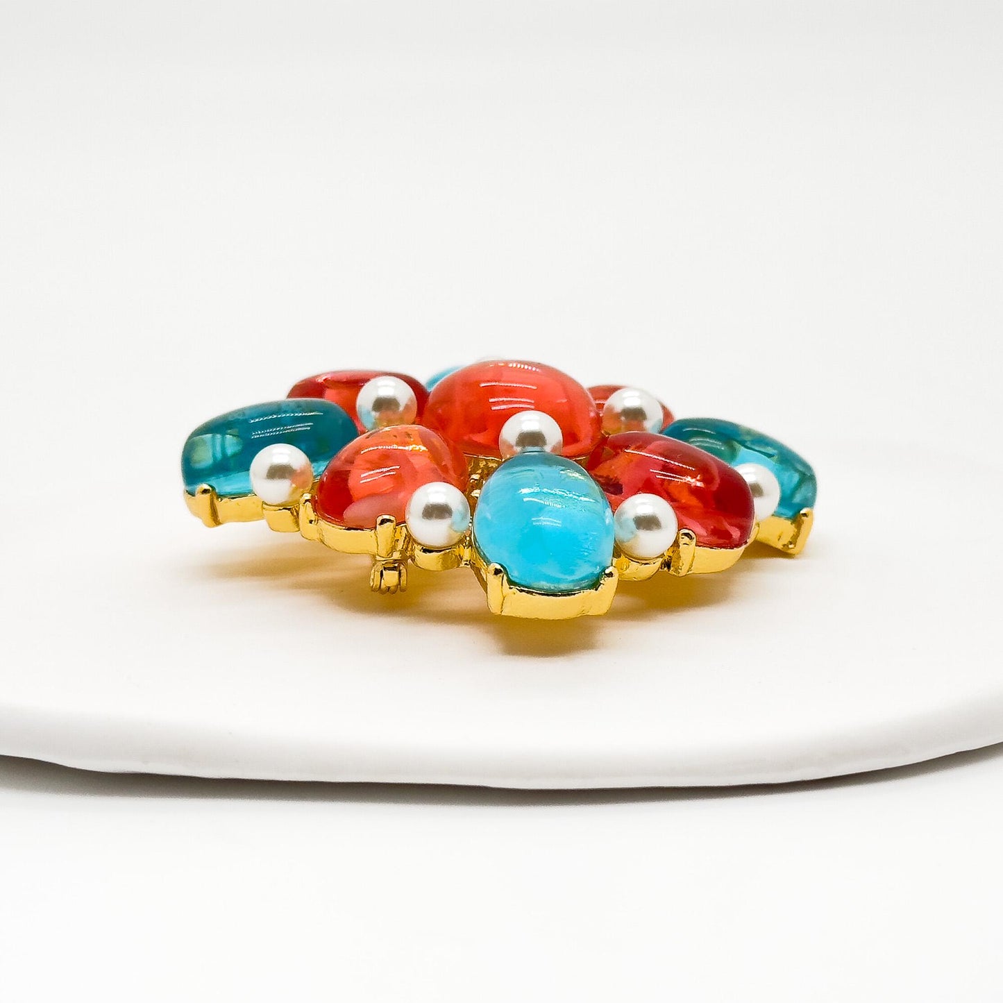 Vintage Art Deco Lapis Lazuli Pearl Gold-Plated Geometric Enamel Brooch