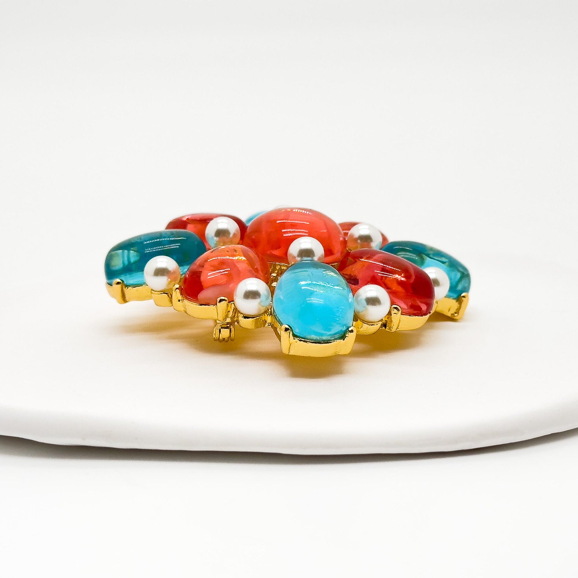 Vintage Art Deco Lapis Lazuli Pearl Gold-Plated Geometric Enamel Brooch