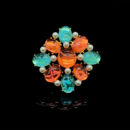 Vintage Art Deco Lapis Lazuli Pearl Gold-Plated Geometric Enamel Brooch