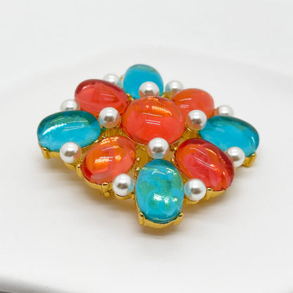 Vintage Art Deco Lapis Lazuli Pearl Gold-Plated Geometric Enamel Brooch