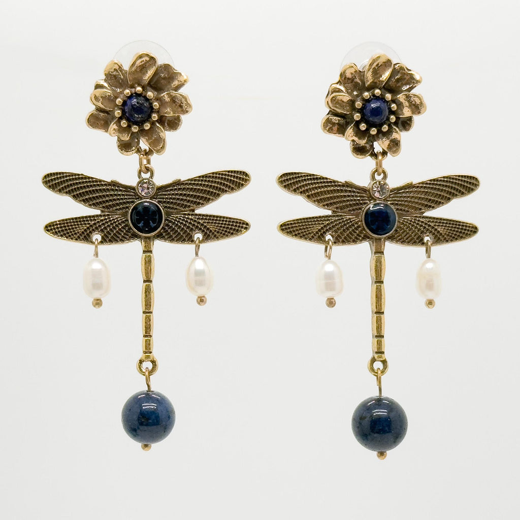 Vintage Ethnic 3D Dragonfly Flower Drop Earrings with Pearls
