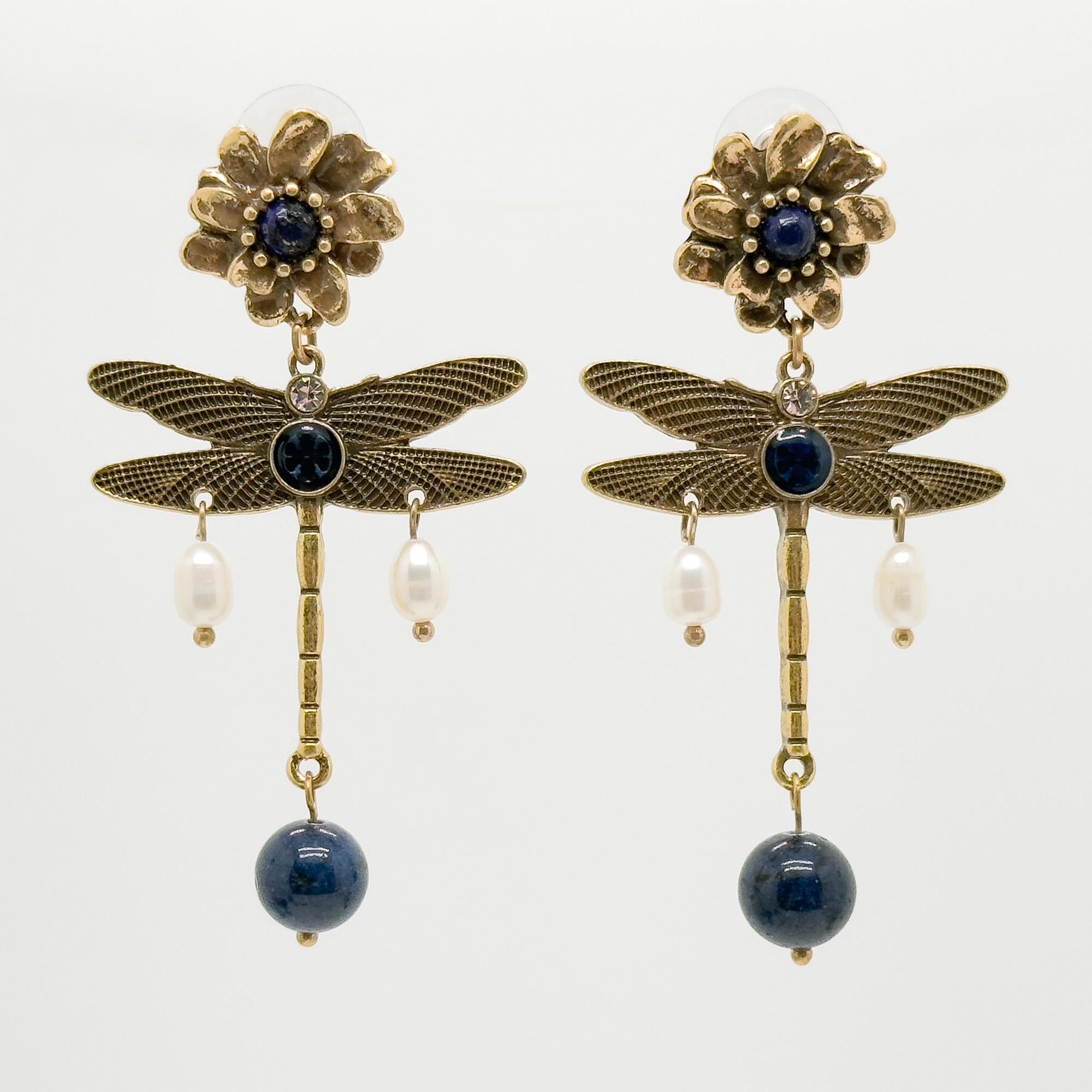 Vintage Ethnic 3D Dragonfly Flower Drop Earrings with Pearls