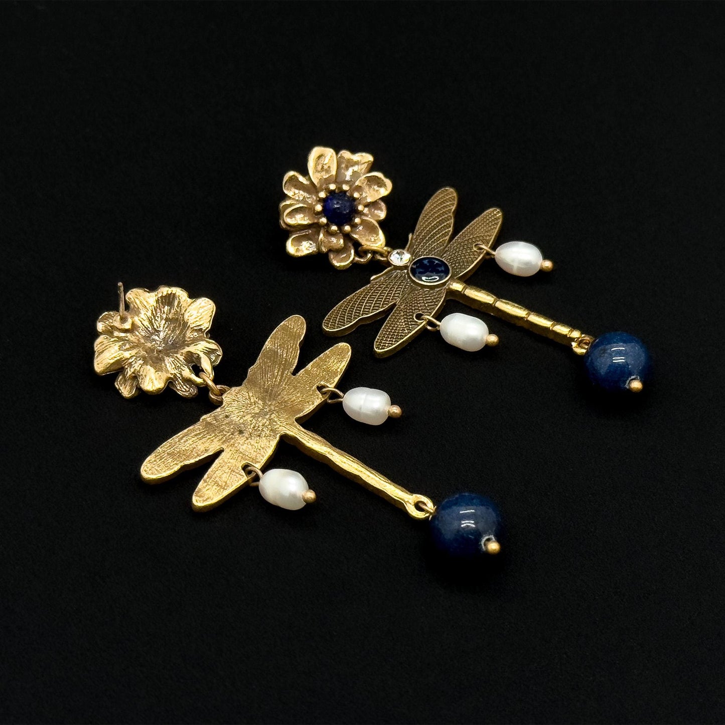 Vintage Ethnic 3D Dragonfly Flower Drop Earrings with Pearls