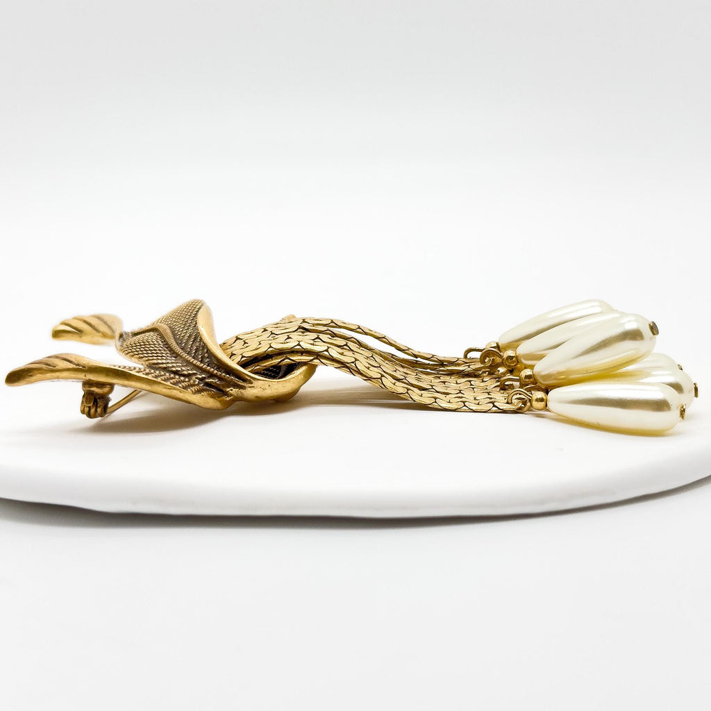 Vintage Art Deco Leaf Fringe Brooch and Dangle Earring Set