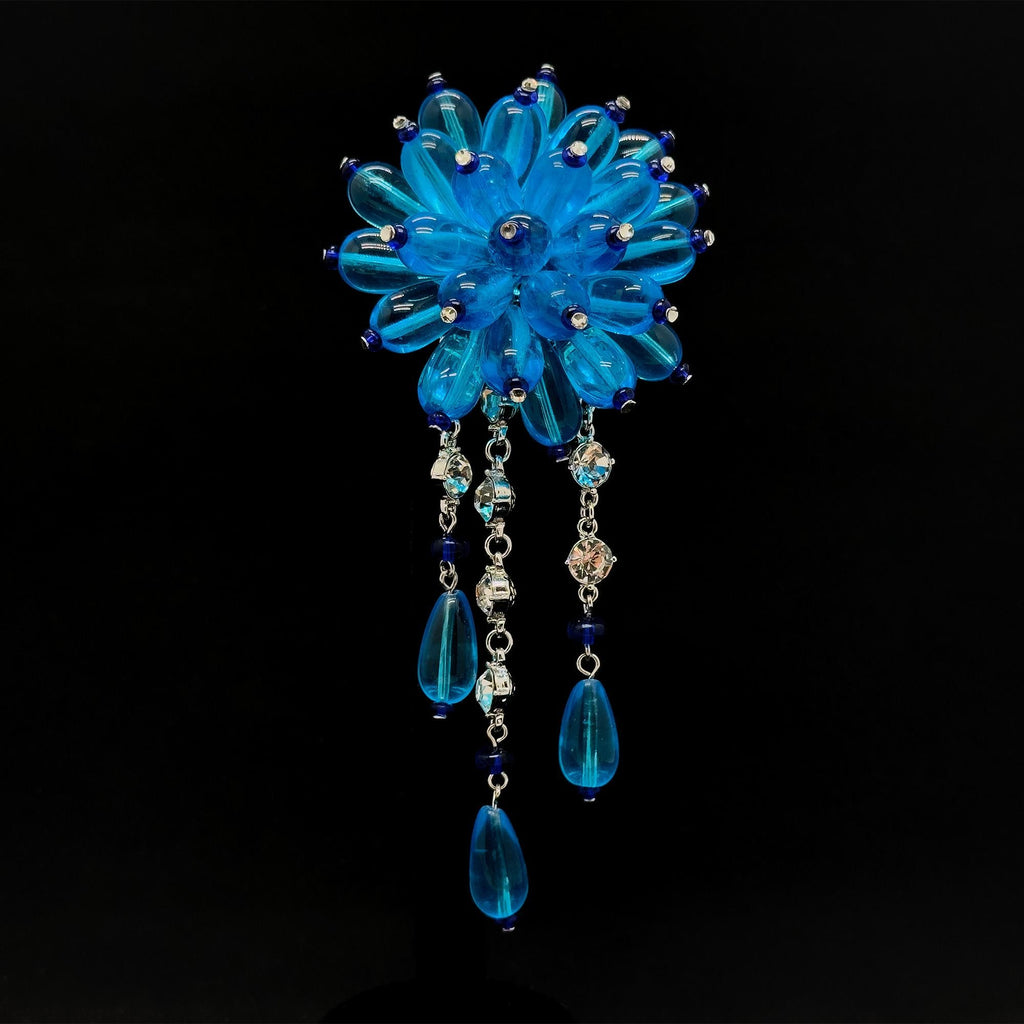 Vintage Art Deco Lapis Lazuli Enamel Flower Tassel Brooch