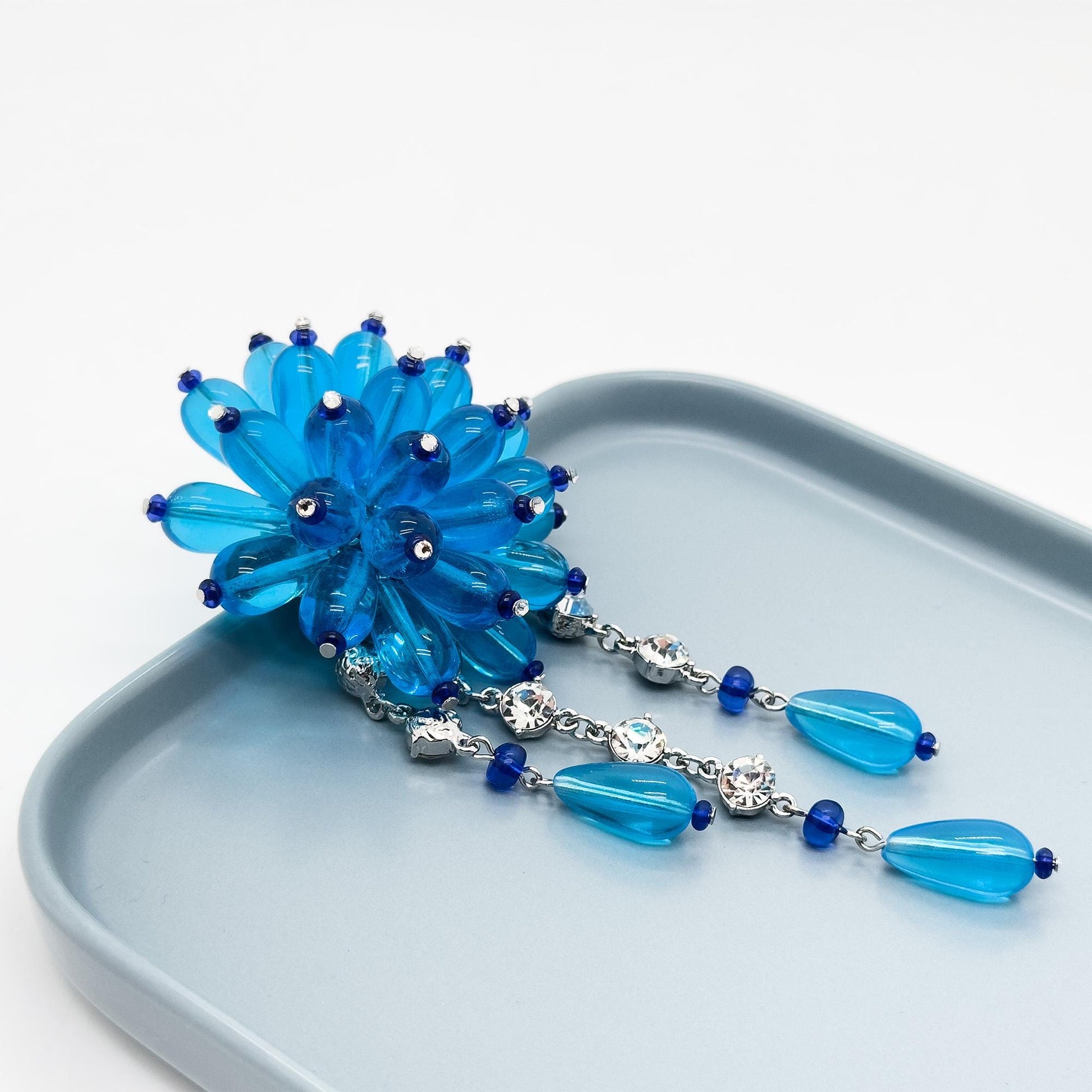 Vintage Art Deco Lapis Lazuli Enamel Flower Tassel Brooch