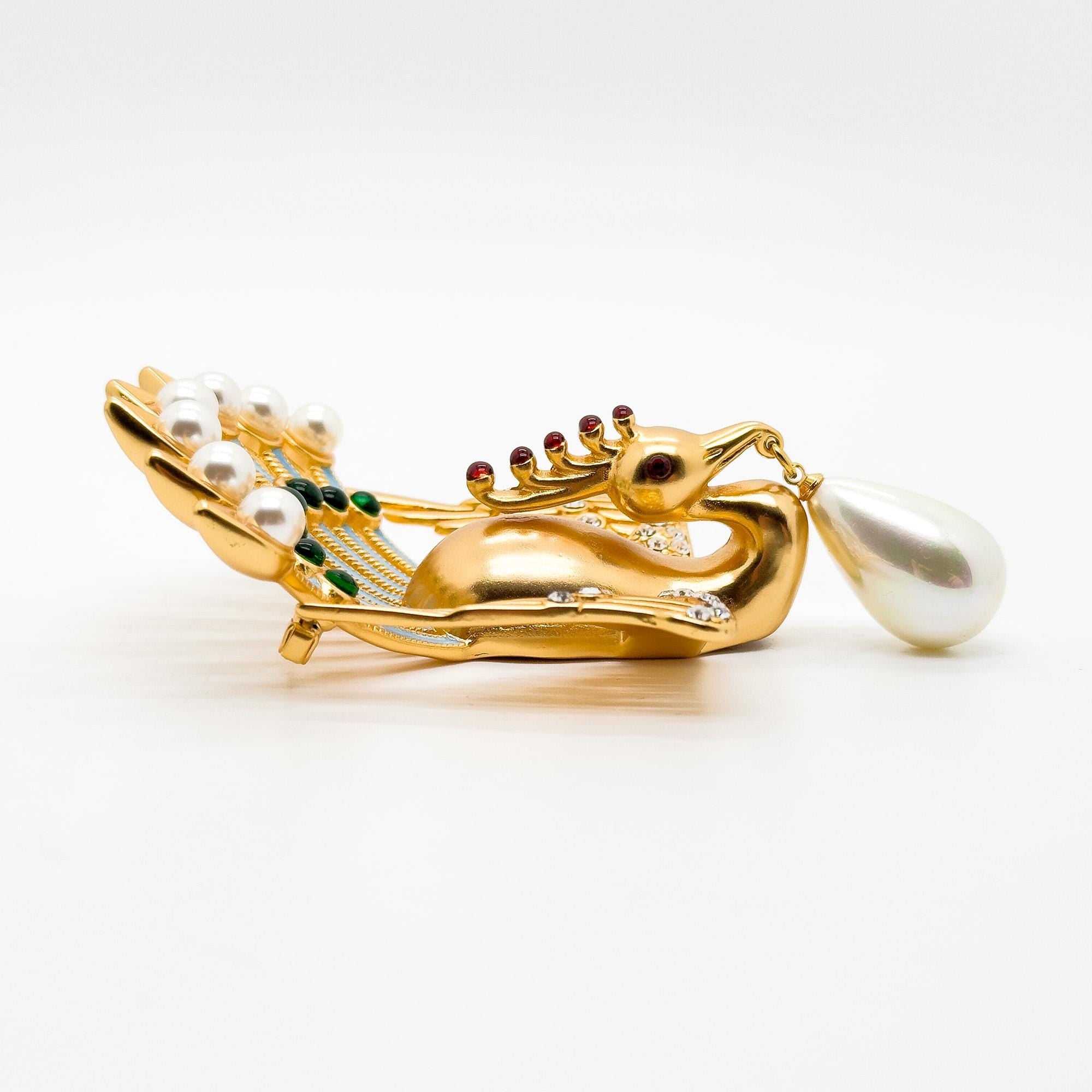 Vintage Art Deco Peacock Brooch with Rhinestones Pearls Brass