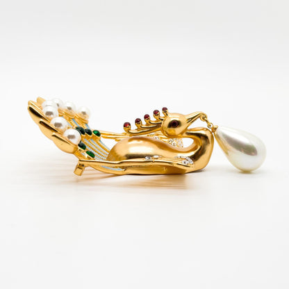 Vintage Art Deco Peacock Brooch with Rhinestones Pearls Brass