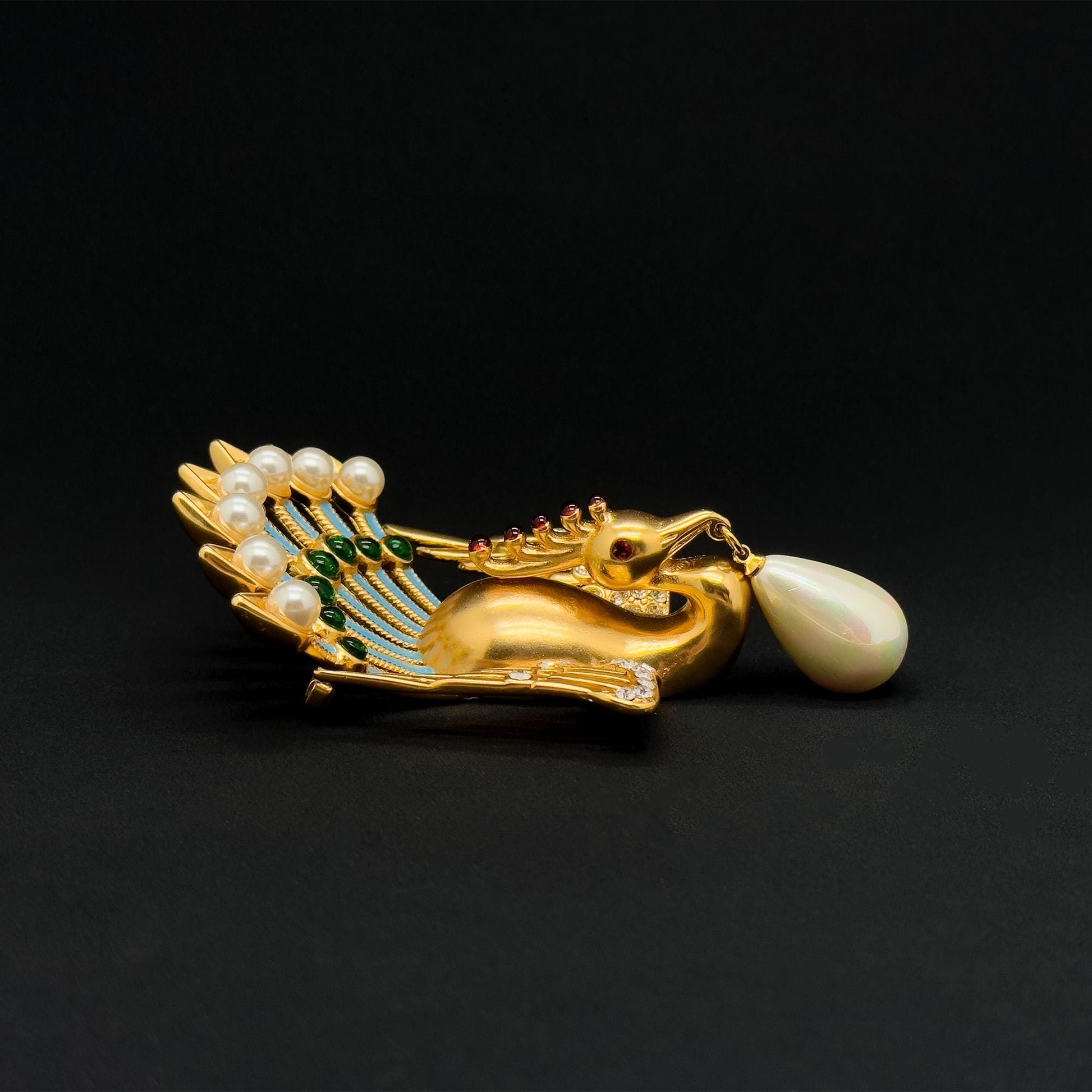 Vintage Art Deco Peacock Brooch with Rhinestones Pearls Brass
