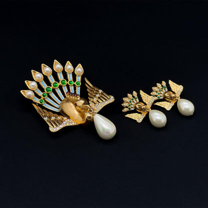 Vintage Art Deco Peacock Brooch with Rhinestones Pearls Brass
