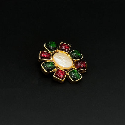 Art Deco Enamel Flower Brooch 18K Gold-Plated Copper Vintage