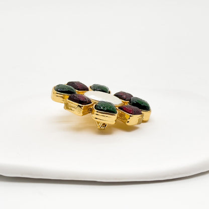 Art Deco Enamel Flower Brooch 18K Gold-Plated Copper Vintage