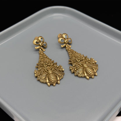 Vintage Ethnic Bee 3D Flower Drop Earrings Copper Gold-Plated