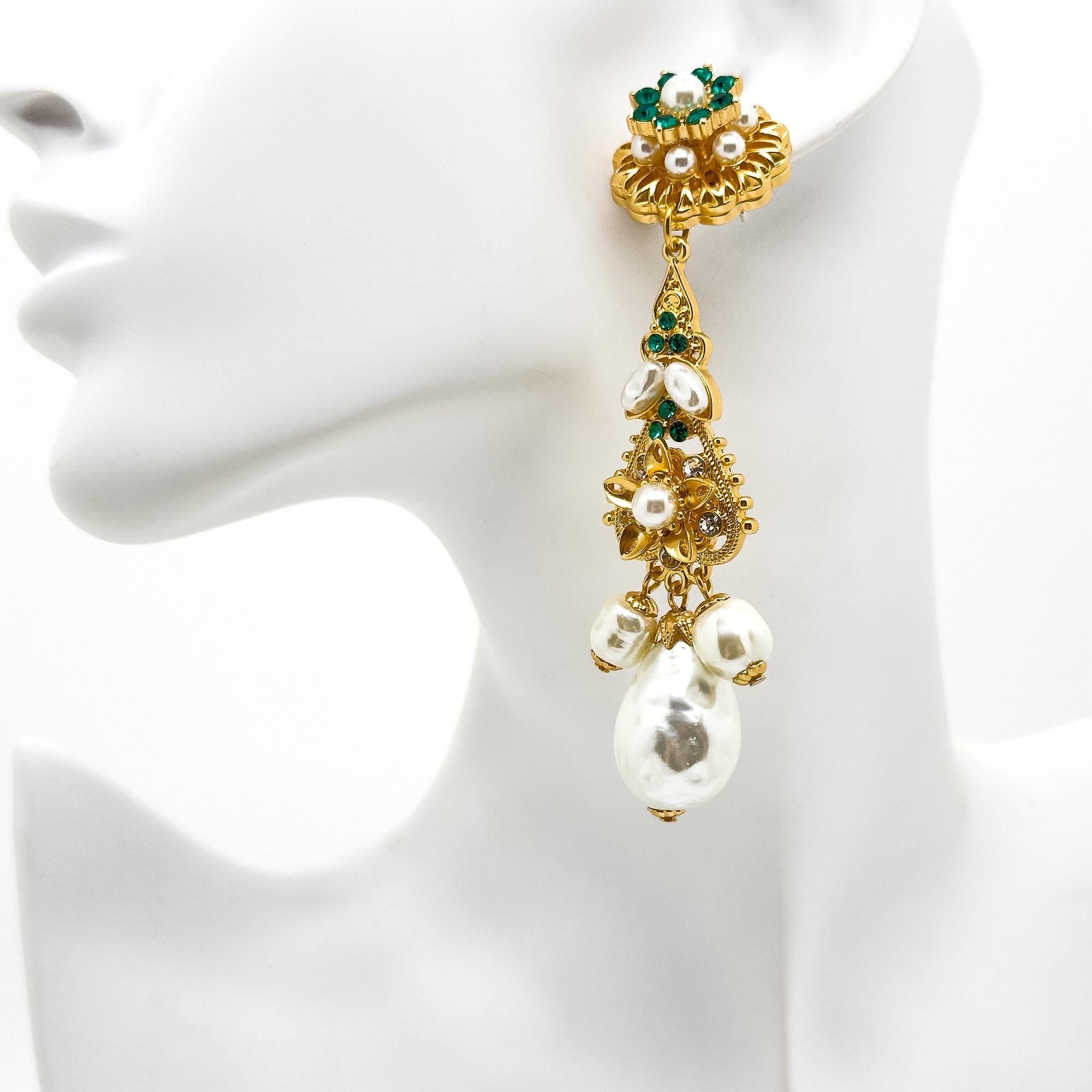 Art Deco Pearl Drop Crystal Sunflower Gold-Plated Statement Earrings