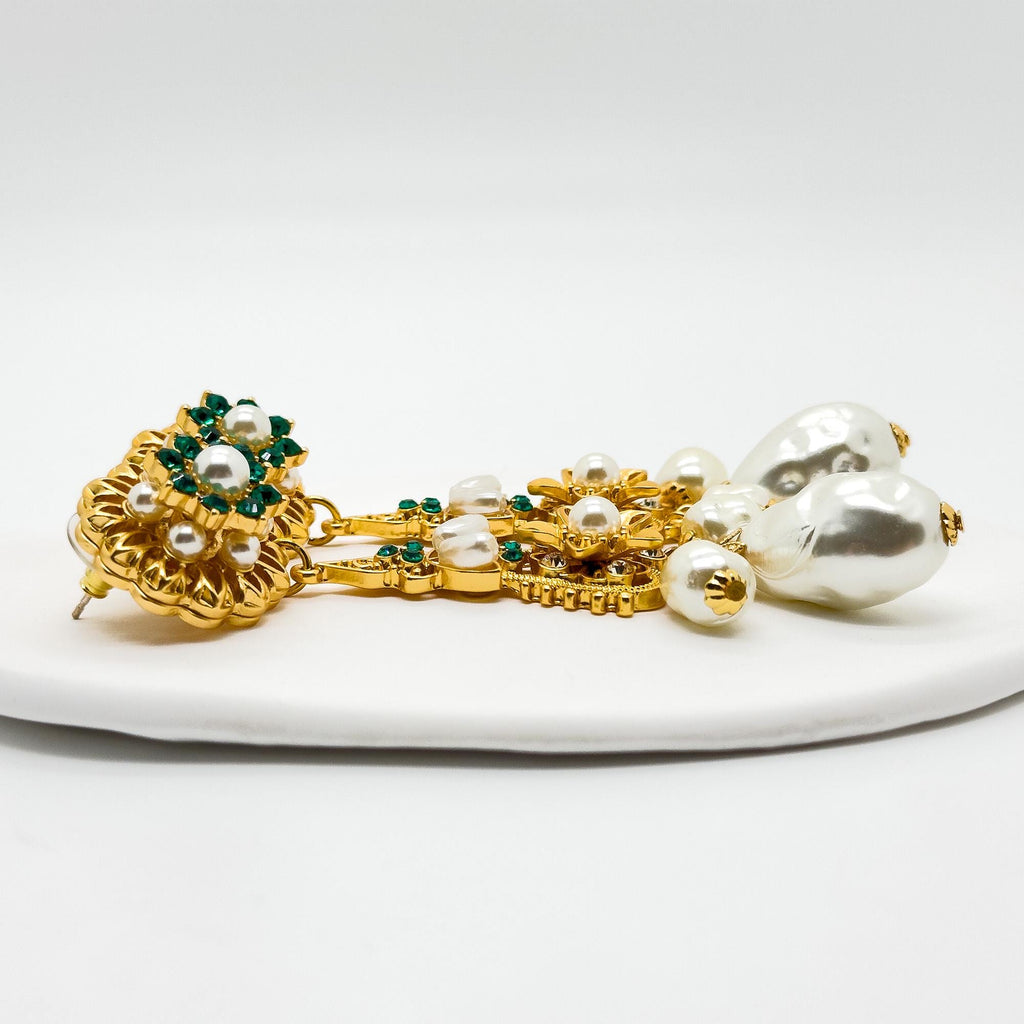 Art Deco Pearl Drop Crystal Sunflower Gold-Plated Statement Earrings