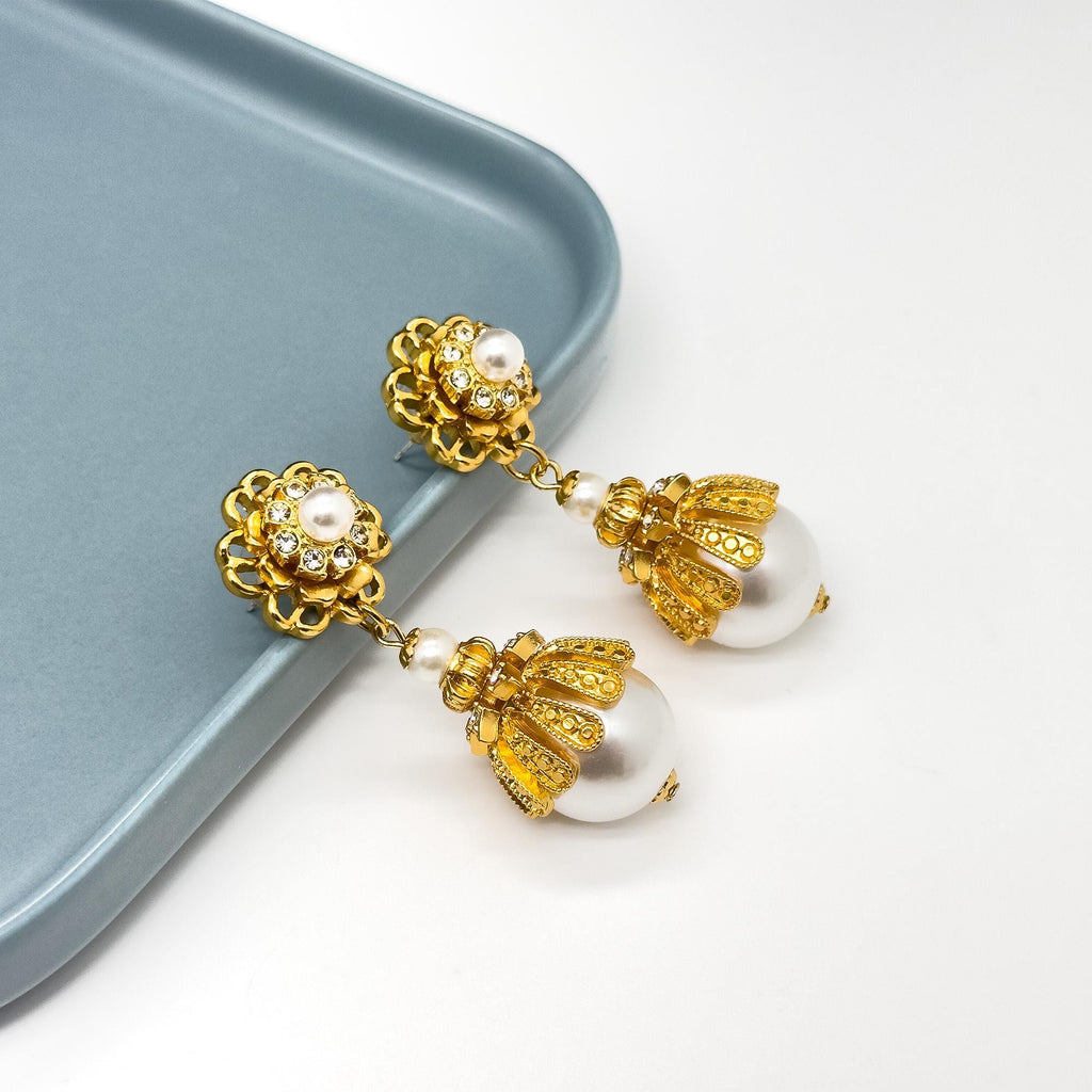Art Deco Pearl Drop Earrings Gold-Plated Copper Sterling Hooks