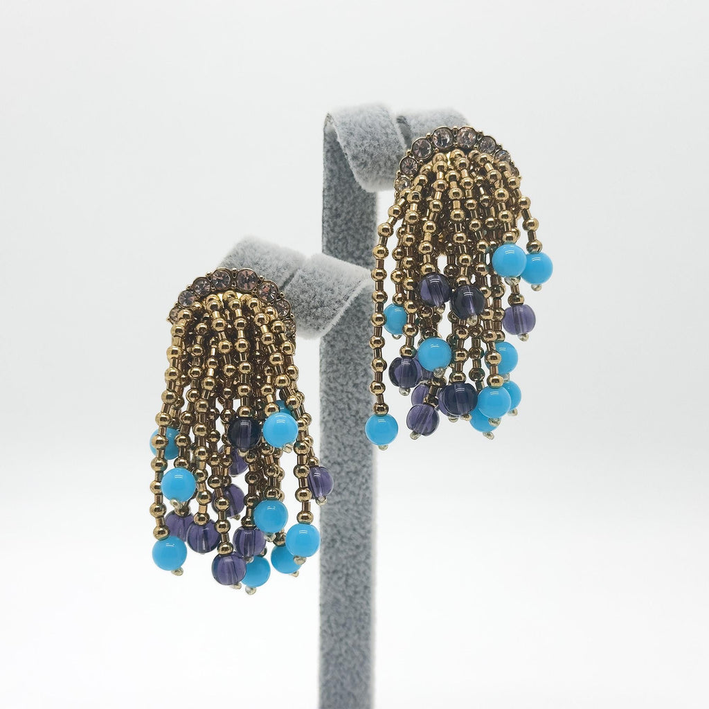 Vintage Art Deco Stone Tassel Dangle Earrings Gold-Plated