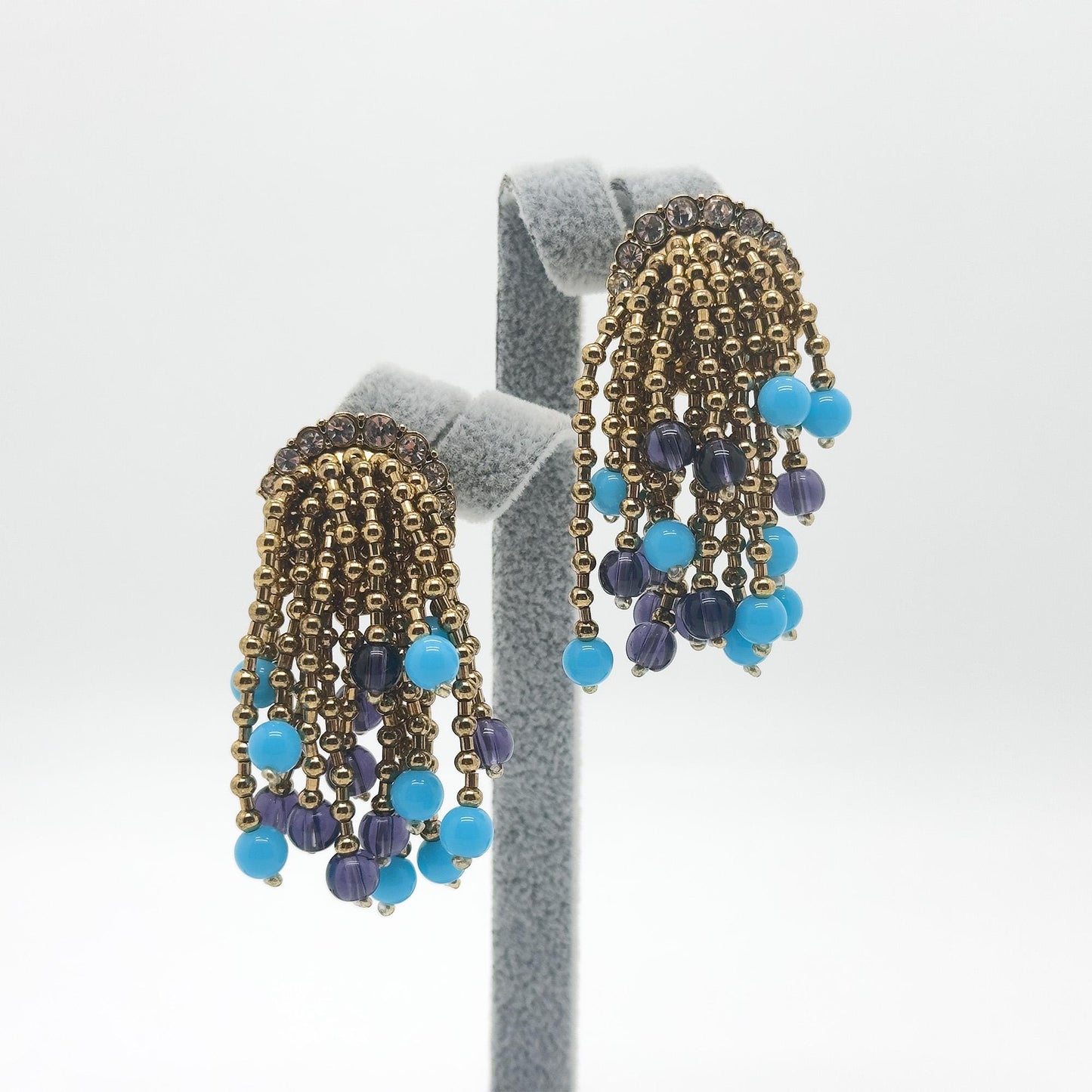 Vintage Art Deco Stone Tassel Dangle Earrings Gold-Plated