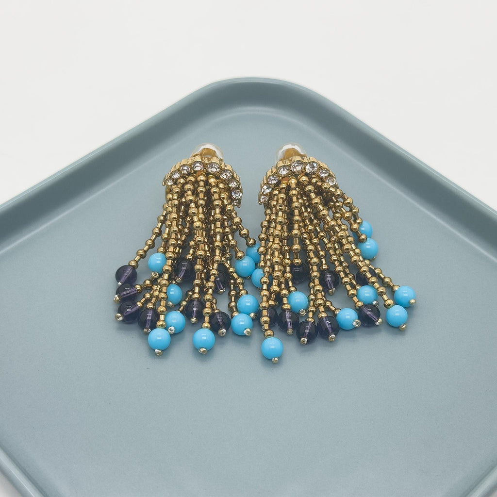 Vintage Art Deco Stone Tassel Dangle Earrings Gold-Plated