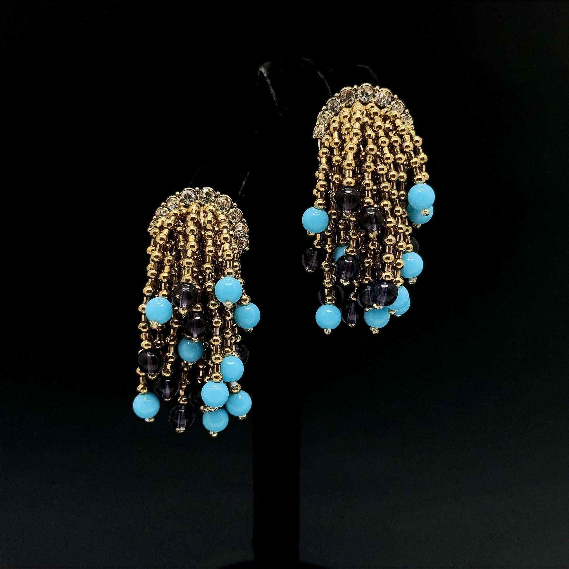 Vintage Art Deco Stone Tassel Dangle Earrings Gold-Plated
