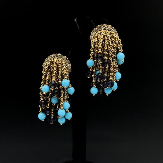 Vintage Art Deco Stone Tassel Dangle Earrings Gold-Plated
