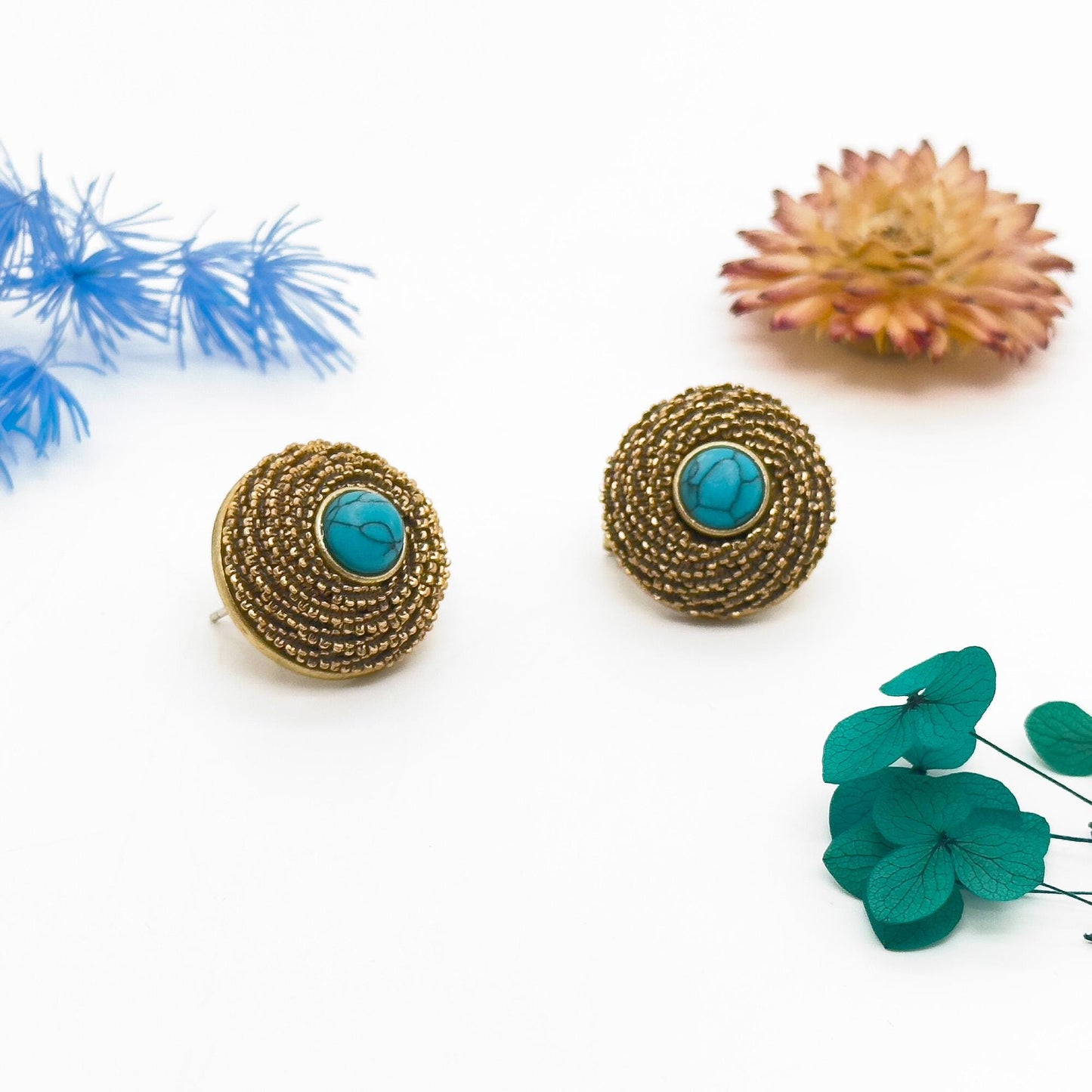 Vintage Ethnic Turquoise Dangle Earrings 24K Gold-Plated 925 Silver Hooks