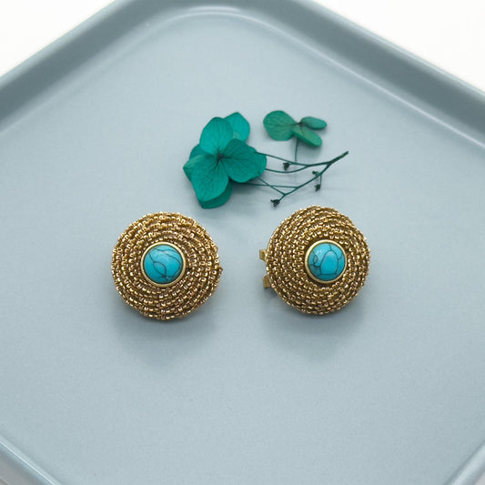 Vintage Ethnic Turquoise Dangle Earrings 24K Gold-Plated 925 Silver Hooks