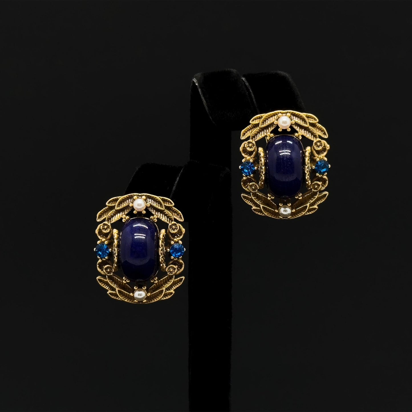 Vintage Ethnic Blue Labradorite Stud Earrings with Pearl Crystals