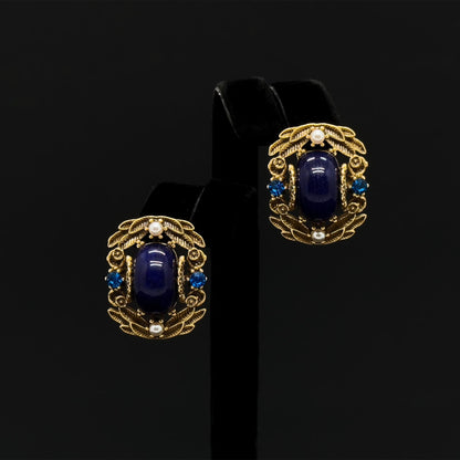 Vintage Ethnic Blue Labradorite Stud Earrings with Pearl Crystals