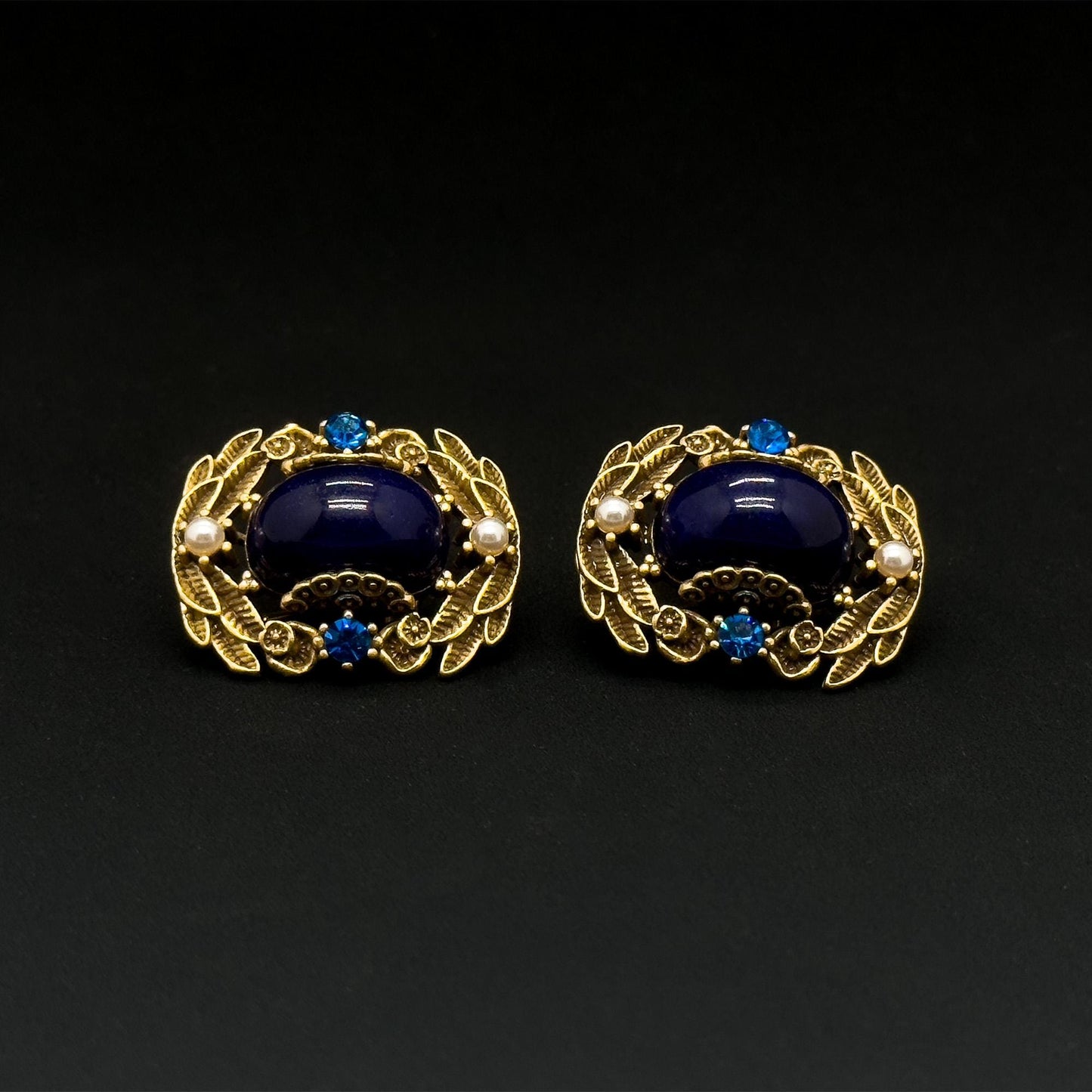 Vintage Ethnic Blue Labradorite Stud Earrings with Pearl Crystals