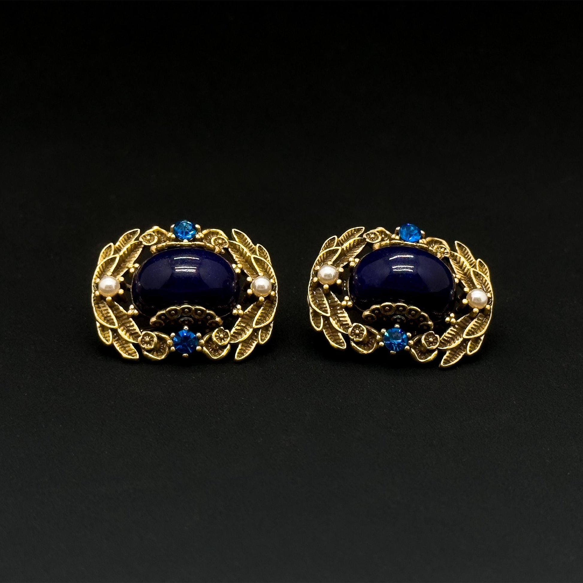 Vintage Ethnic Blue Labradorite Stud Earrings with Pearl Crystals
