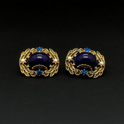 Vintage Ethnic Blue Labradorite Stud Earrings with Pearl Crystals